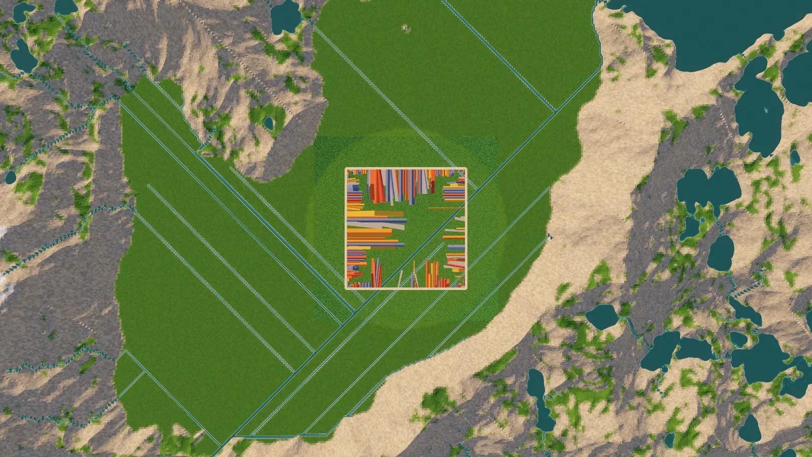 An alpine valley with grey and snowy mountains, many lakes, perfectly straight rivers across the green valley floor, and a town of long thin plots