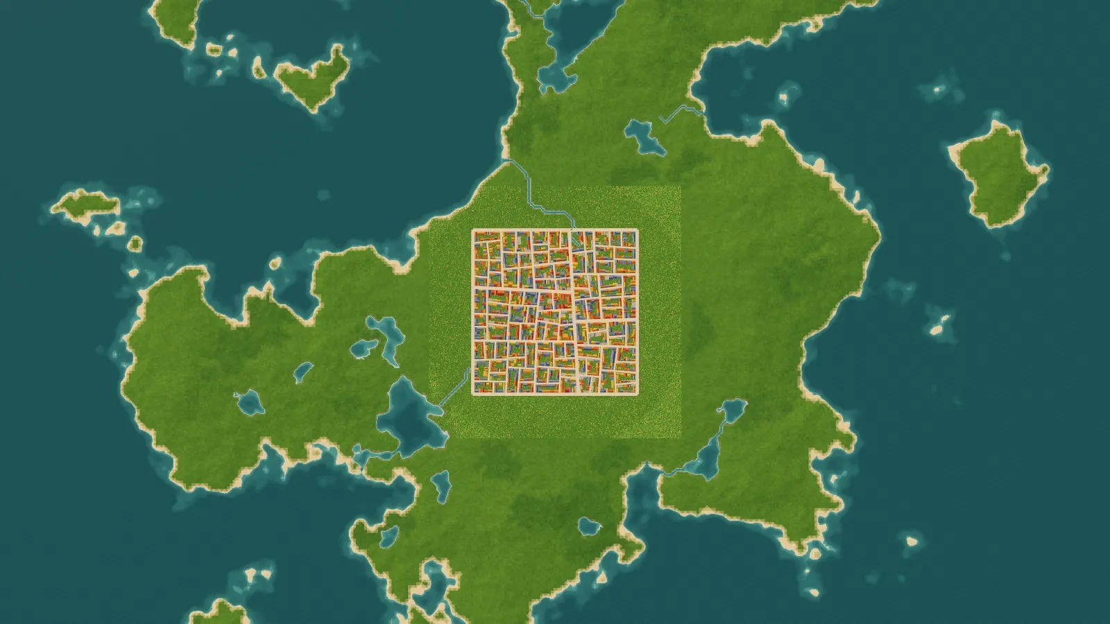 A town on the central island of an archipelago, ringed by beaches, with smaller islands and lakes around it in teal sea