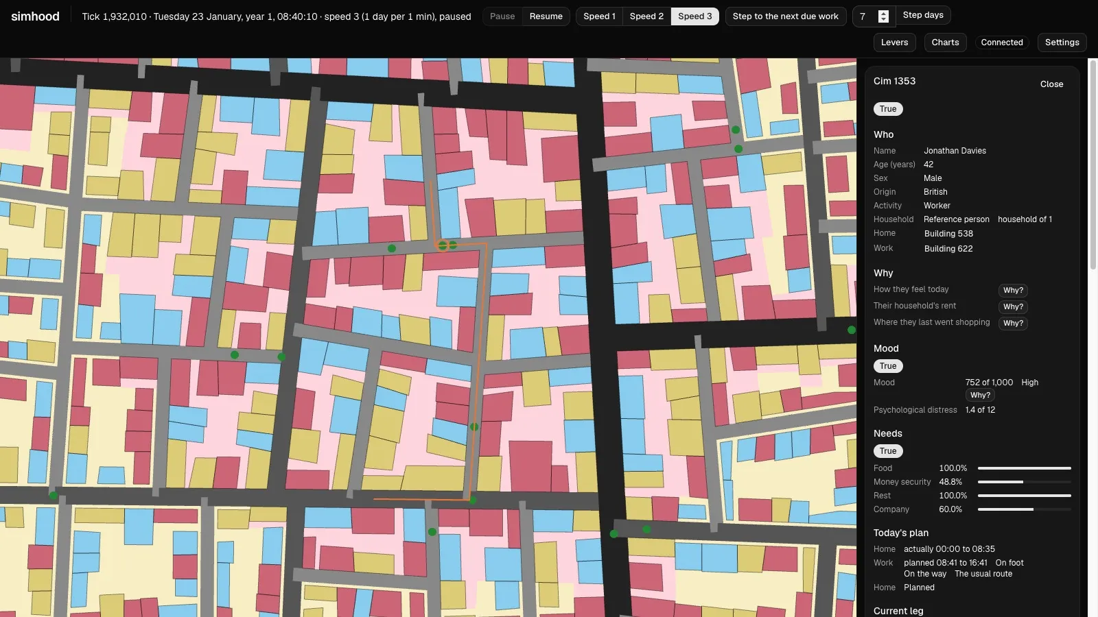 Zoomed in on a few streets, with one resident’s route drawn in orange and their card in the sidebar showing name, mood, needs and today’s plan