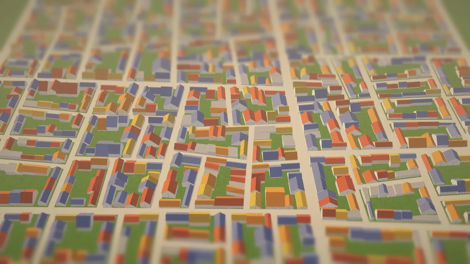 The simulated town from above: a grid of streets lined with houses under red, orange, ochre and slate roofs