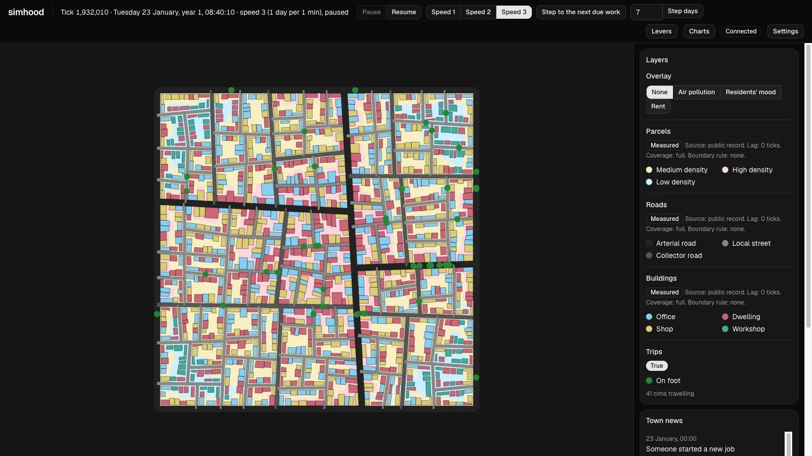 The whole town from above: a grid of streets, plots shaded by density, buildings coloured by use and green dots for people walking