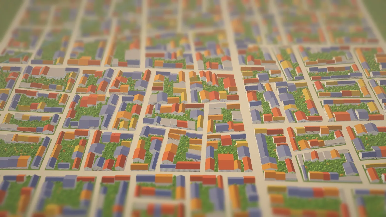 The town from the default camera, with trees growing between the houses inside each block