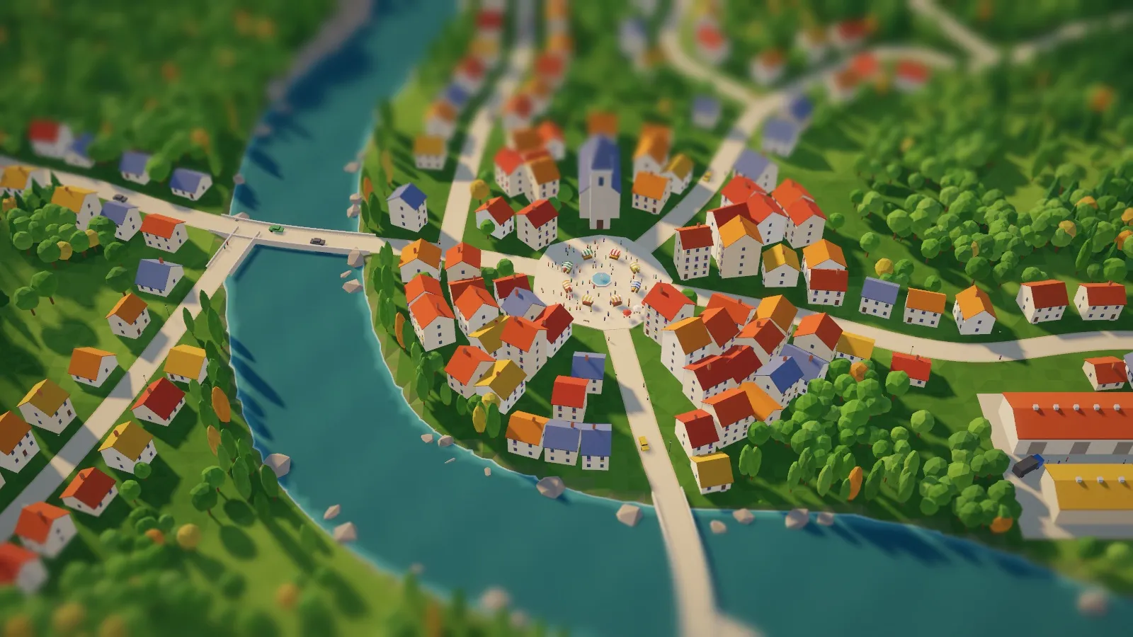 A river town seen from above: a stone bridge, an old core round a market square, red and orange roofs, woods and suburbs