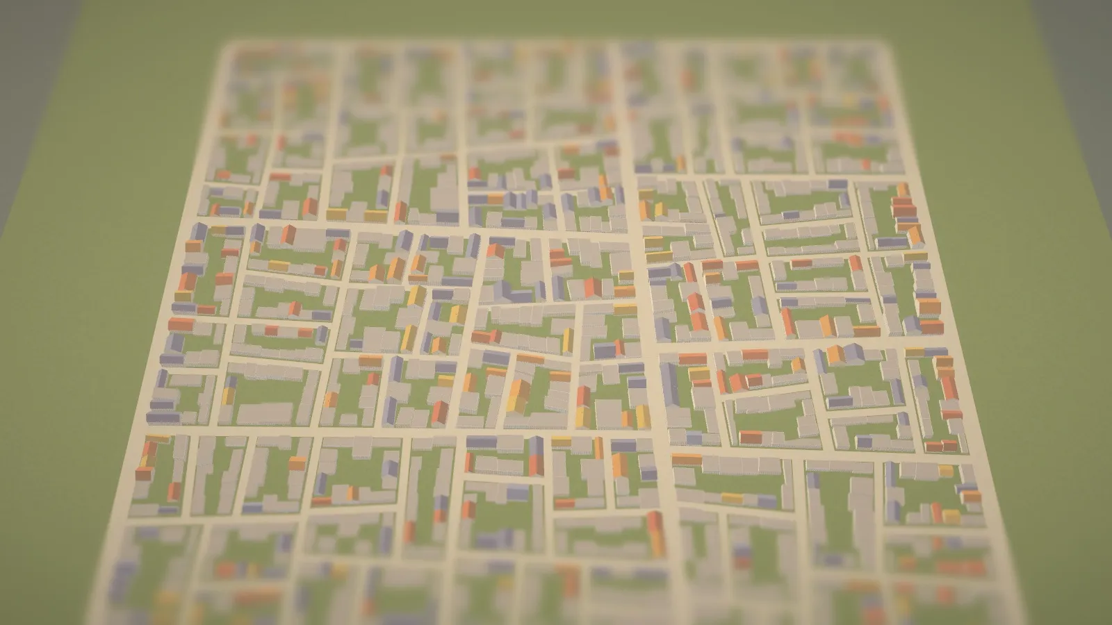 The first frame of the simulated town, mostly grey flat roofs on a grid